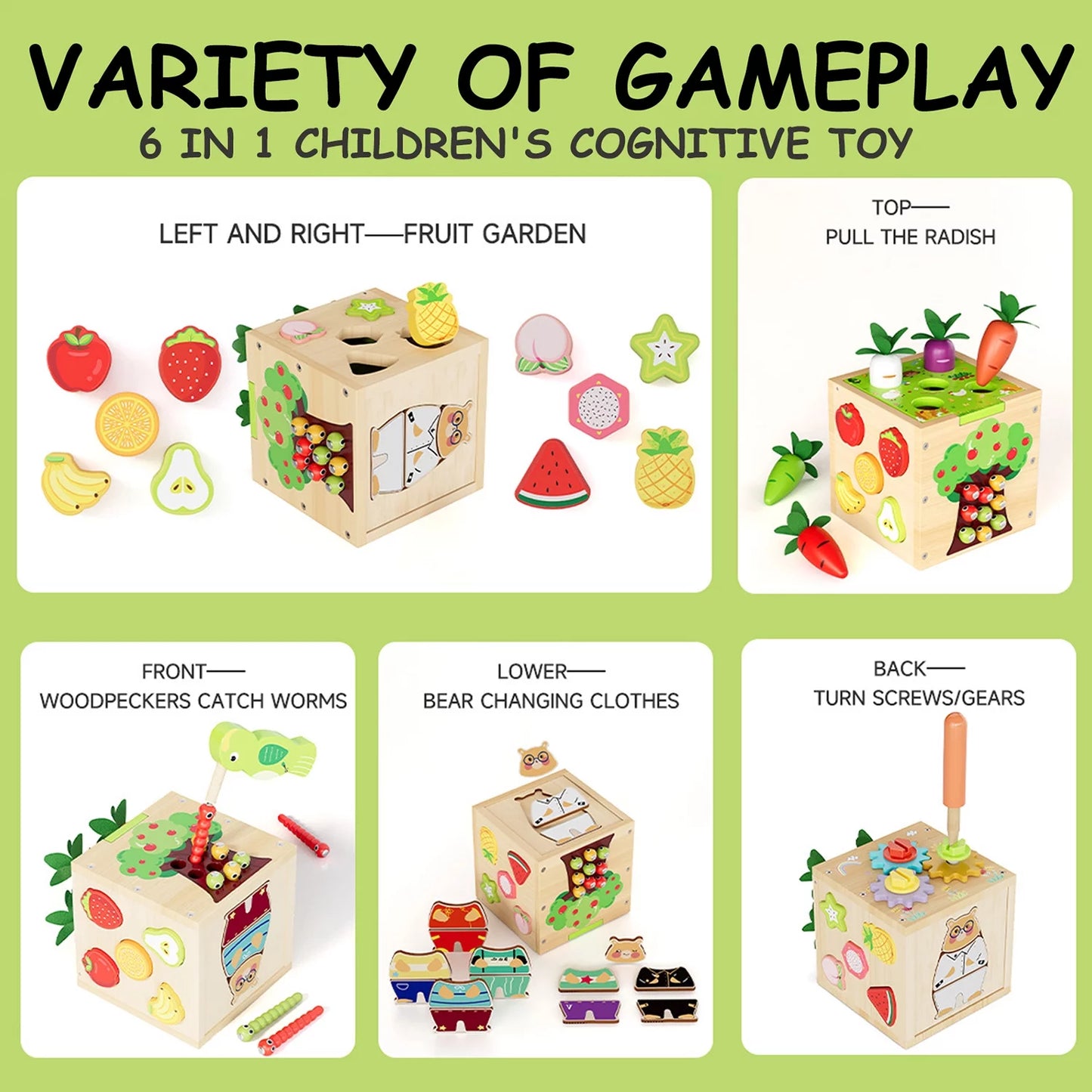 6 in 1 Montessori Wooden Activity Cube 10+ Months Babies