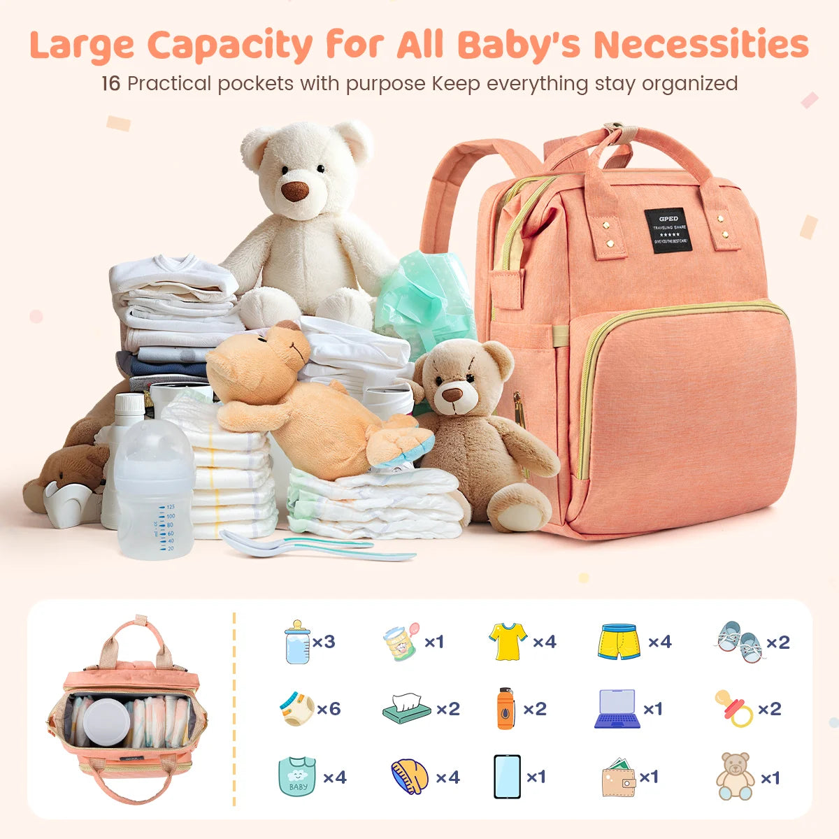 Multifunctional Baby Diaper Bags with Changing Station &Foldable Crib (Pink)