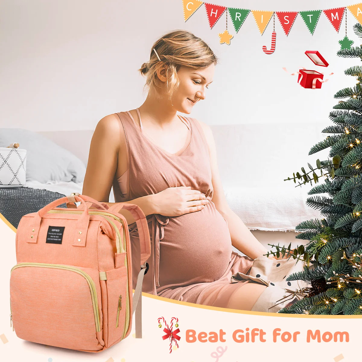 Multifunctional Baby Diaper Bags with Changing Station &Foldable Crib (Pink)
