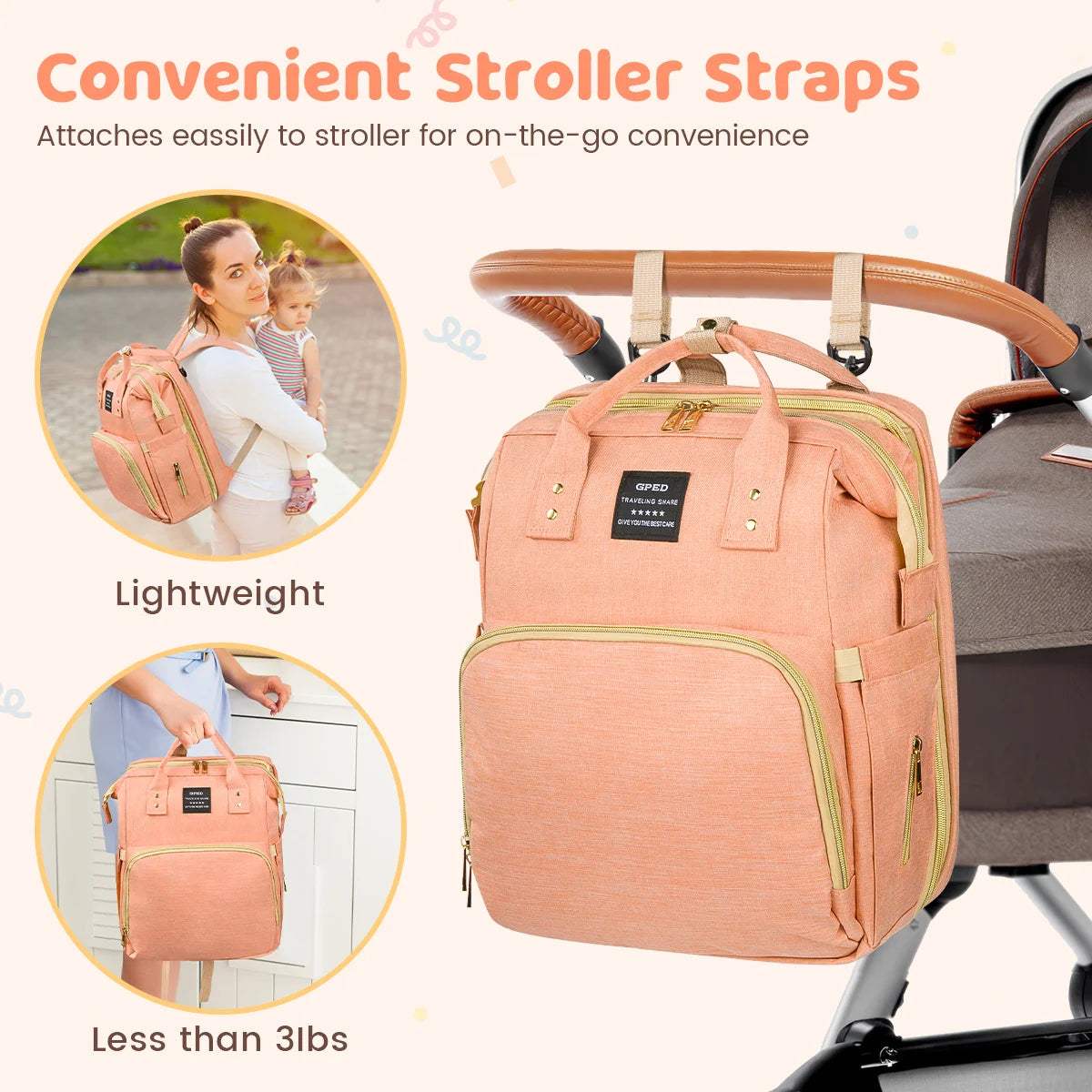 Multifunctional Baby Diaper Bags with Changing Station &Foldable Crib (Pink)