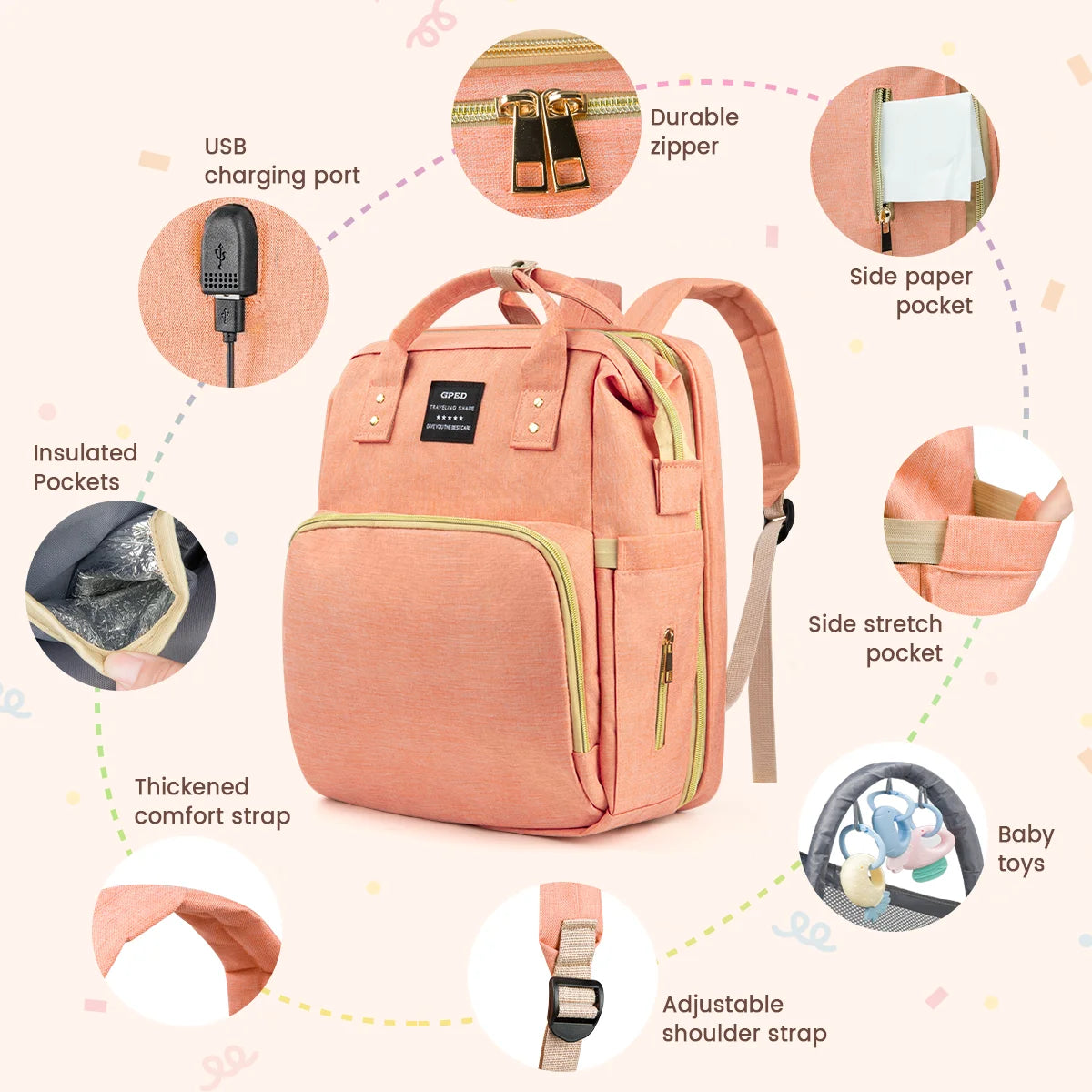 Multifunctional Baby Diaper Bags with Changing Station &Foldable Crib (Pink)
