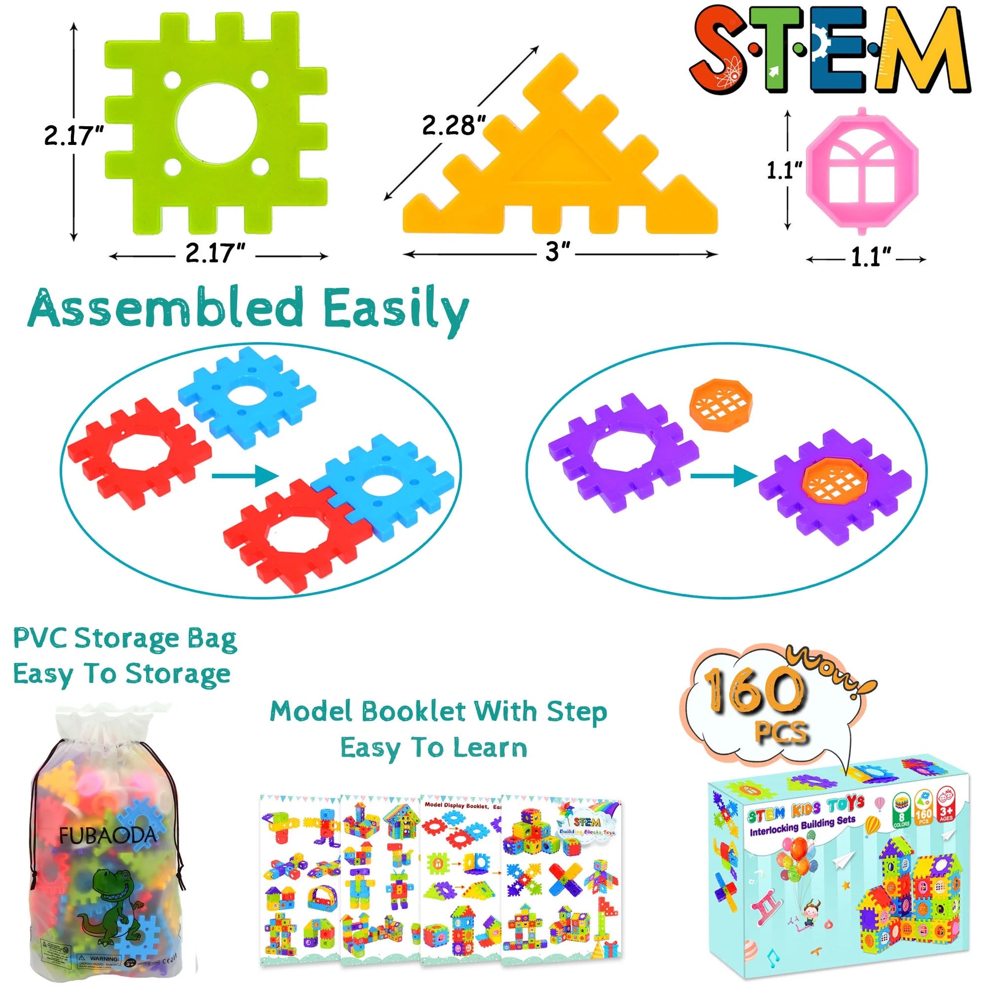 160-Piece Tiles Building Blocks Set Educational Playset STEM Toys for Toddlers