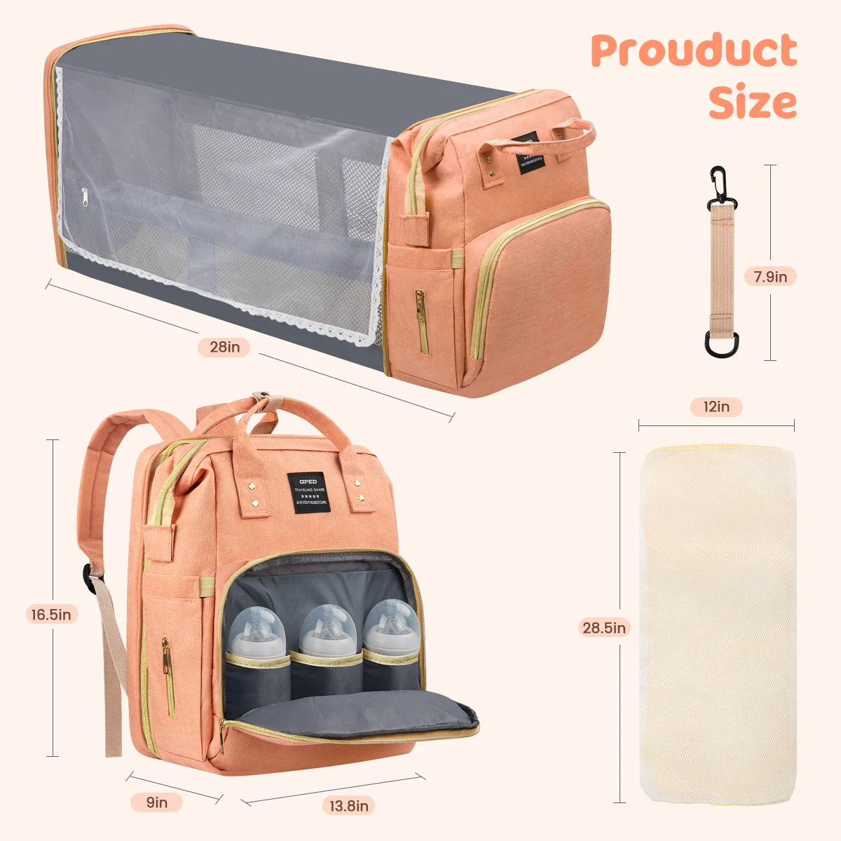 Multifunctional Baby Diaper Bags with Changing Station &Foldable Crib (Pink)