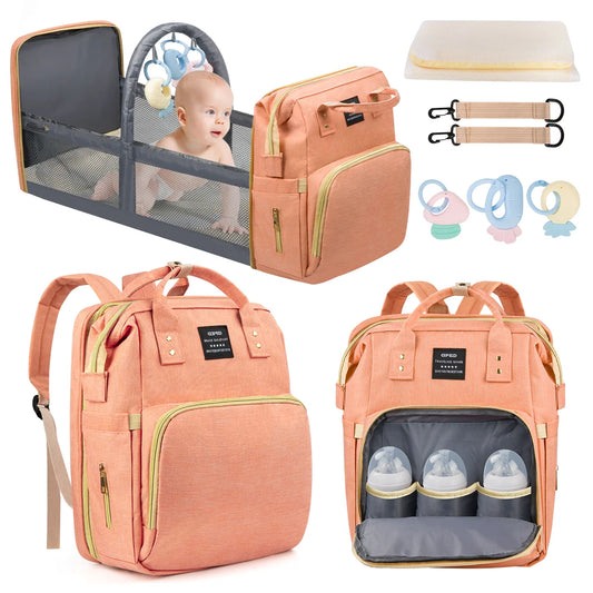 Multifunctional Baby Diaper Bags with Changing Station &Foldable Crib (Pink)